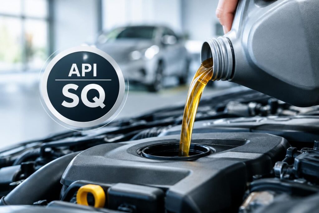 API SQ motor yağı performans sınıfı ve SAE viskozite bilgilerini gösteren motor yağı etiketi