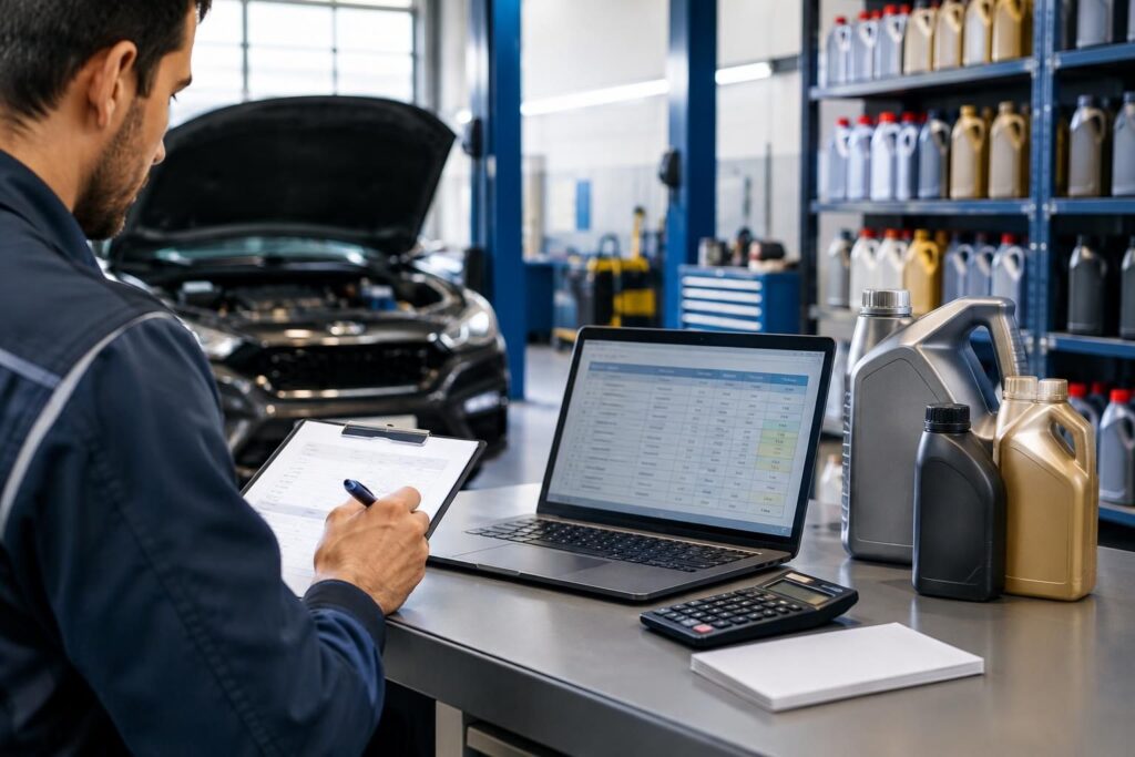 Oto servisinde motor yağı stoklarının ambalaj ve ürün özelliklerine göre düzenlenmesi